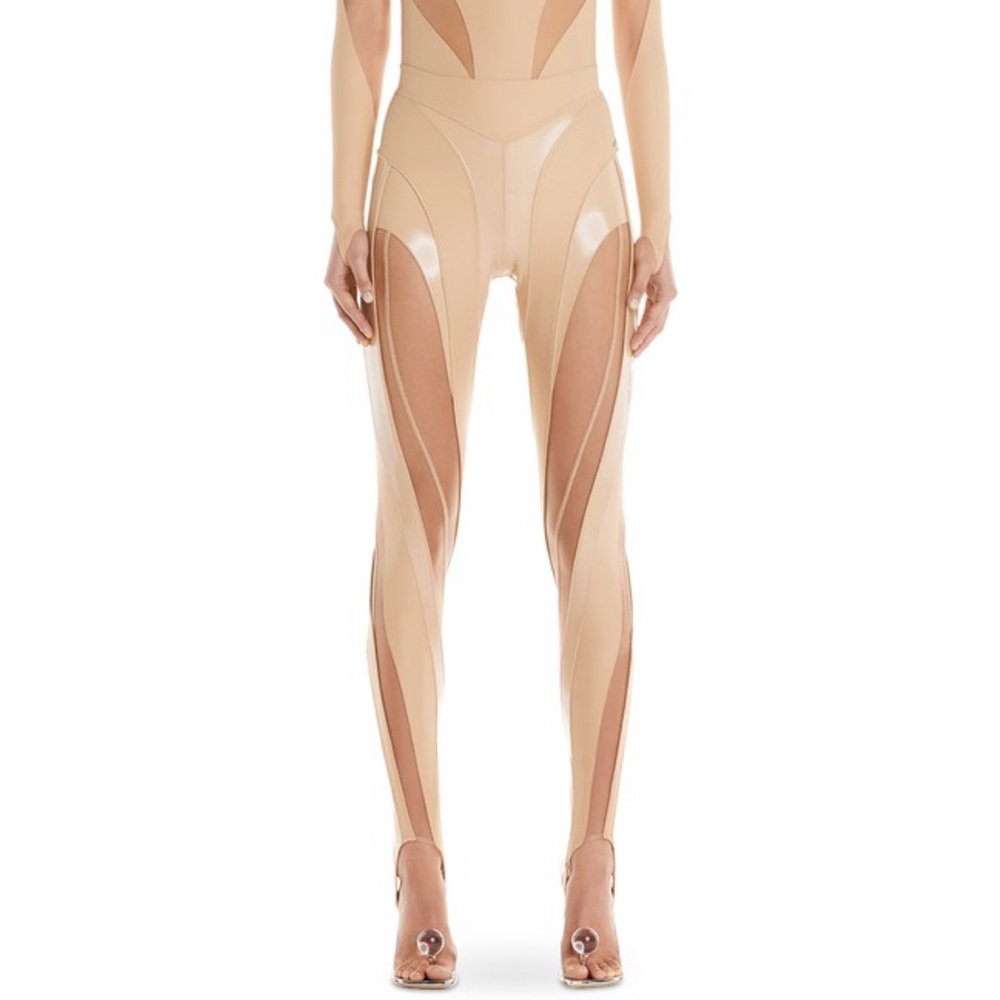 MUGLER beige sheer spiral stirrup leggings, new with tag